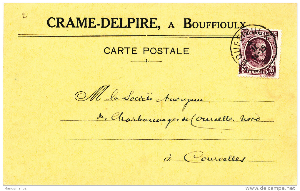 386/23 - Carte Privée TP Houyoux BOUFFIOULX 1925 Vers COURCELLES - Entete Ets Céramiques Crame-Delpire - 1922-1927 Houyoux