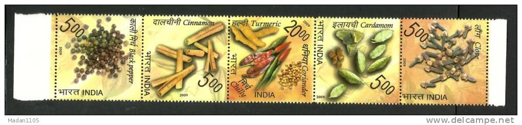 INDIA, 2009, Spices Of India, Setenant Set Of 5, Turmeric Medicine, Health,  Chilly Cinnamon Black PepperMNH,(**) - Unused Stamps