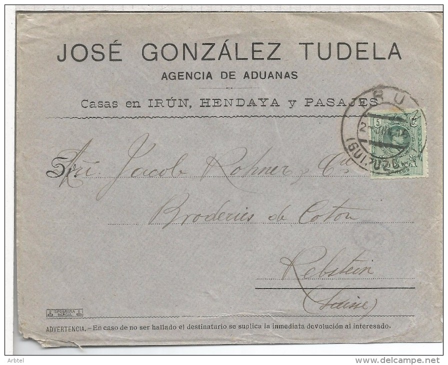 IRUN GUIPUZCOA CC A SUIZA 1916 SELLO ALFONSO XIII MEDALLON 5 CTS AL DORSO LLEGADA - Lettres & Documents