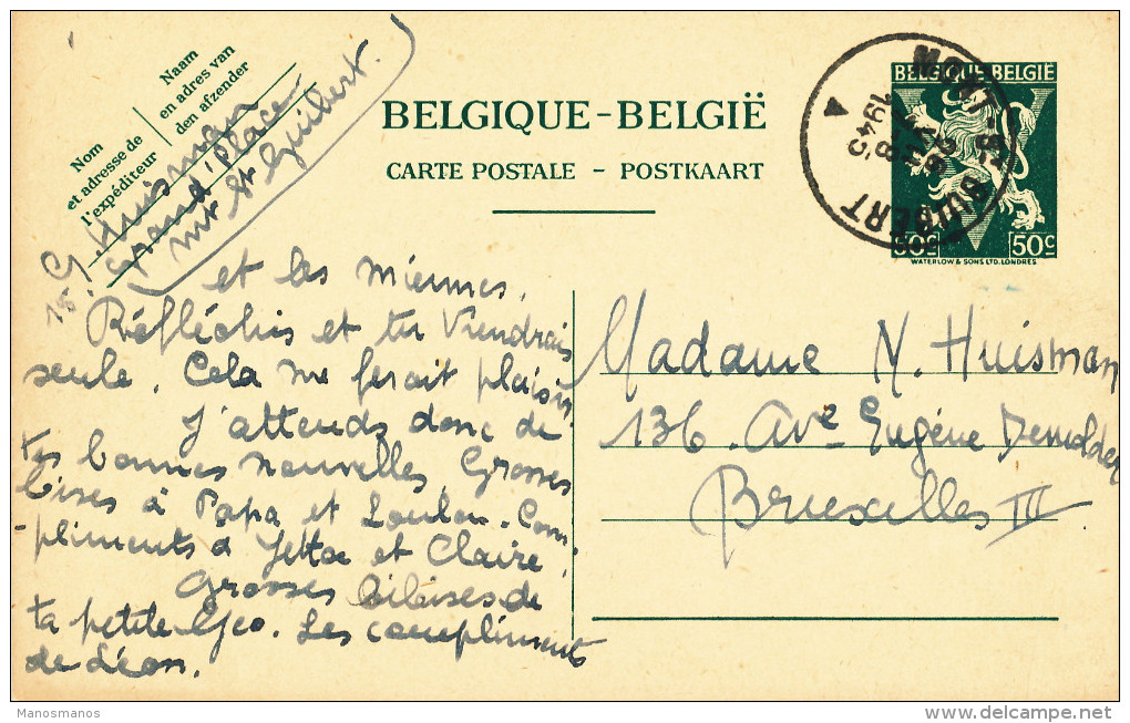 265/22 - Entier Postal Lion V MONT ST GUIBERT 1945 Vers BXL - Signé Huisman - Postkarten 1934-1951