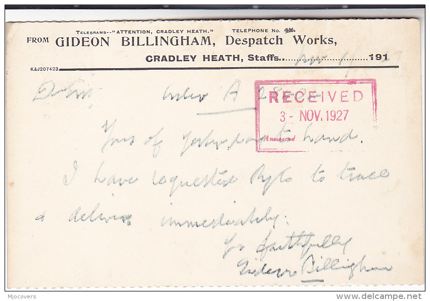 1927 Cradley Heath CDS Pmk GB GV Stamps COVER (card) Gideon Billingham Despatch Works To Abbott Co Newark On Trent - Lettres & Documents