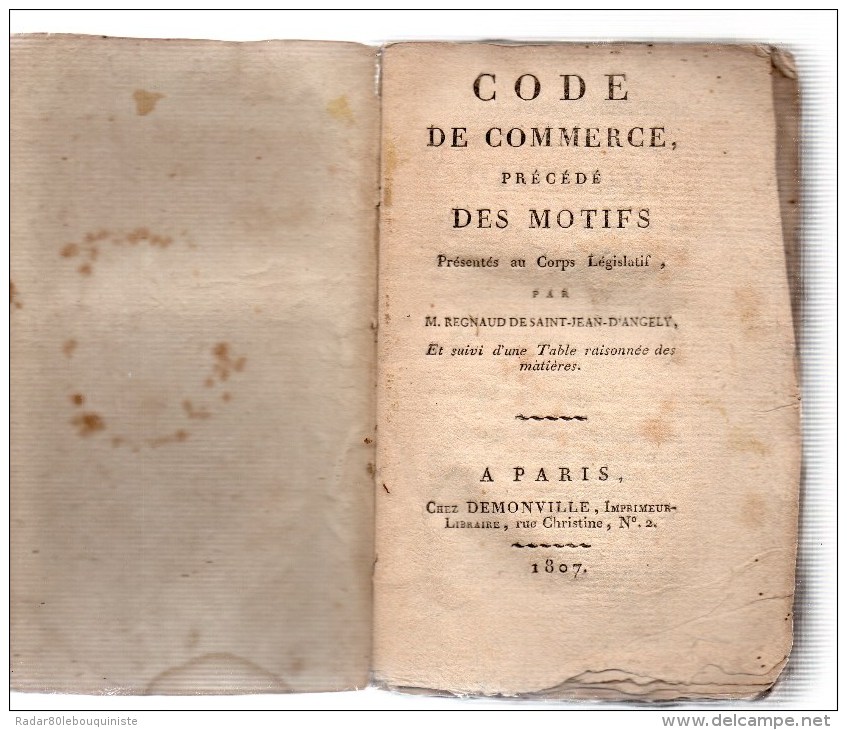 Code De Commerce ,précédé Des Motifs Présentés Au Corps Législatif,par M.Regnaud De Saint-jean D'Angely.312 Pages.1807 - Derecho