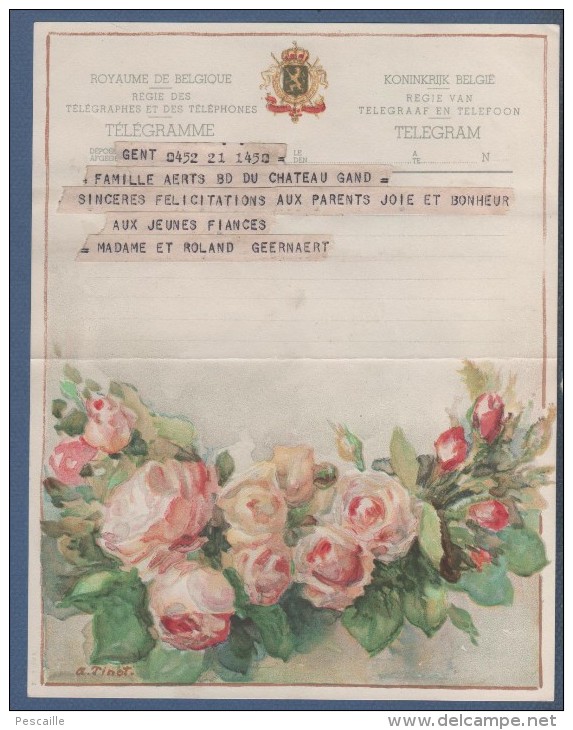 JOLI TELEGRAMME ROYAUME DE BELGIQUE - ILLUSTRATEUR A. TINOT - FLEURS PIVOINES OU ROSES - B. ?? (F.V.) GENT - Telegrams