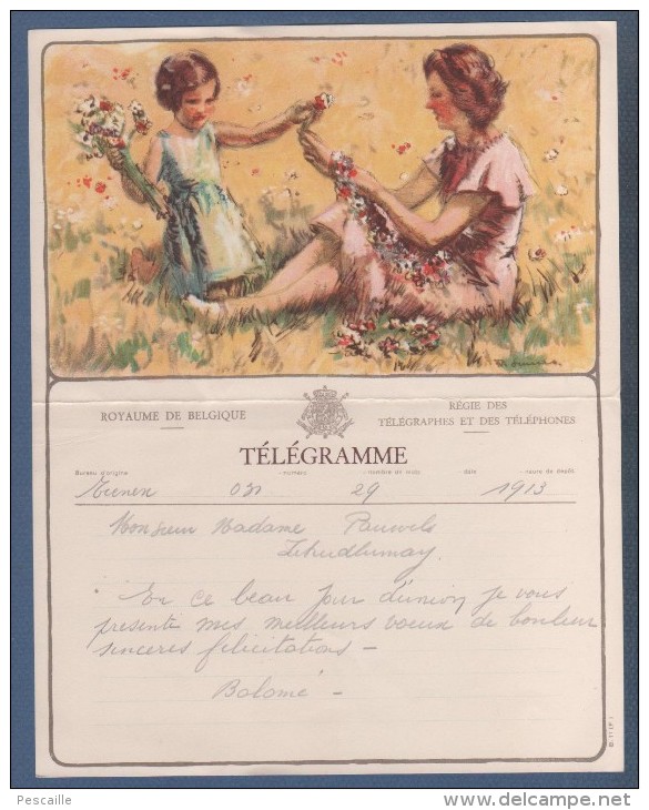 JOLI TELEGRAMME ROYAUME DE BELGIQUE - ILLUSTRATEUR SIMMES ? - MERE ET FILLE AVEC FLEURS - B. 11 (F.) TIENEN - Telegrams