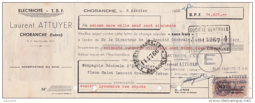 Lettre Change 8/2/1950 Laurent ATTUYER électricité TSF CHORANGE Isère Pour Grenoble - Lettres De Change