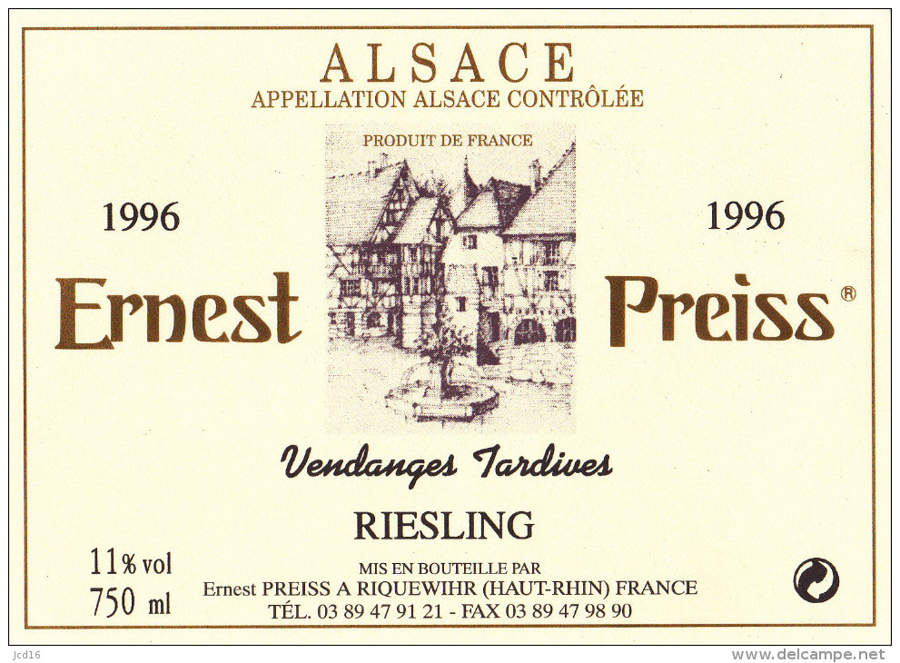 ETIQUETTE NEUVE VIN ALSACE RIESLING "vendanges Tardives" 1996 PREISS à Riquewhir - Riesling