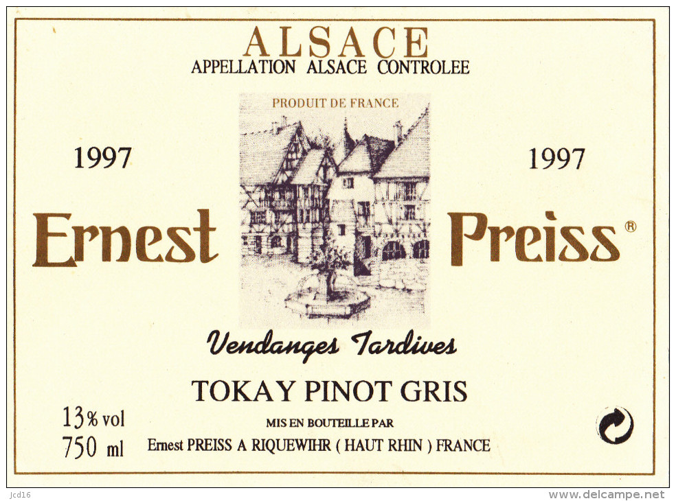 ETIQUETTE NEUVE VIN ALSACE TOKAY PINOT GRIS "vendanges Tardives" 1997 PREISS à Riquewhir - White Wines