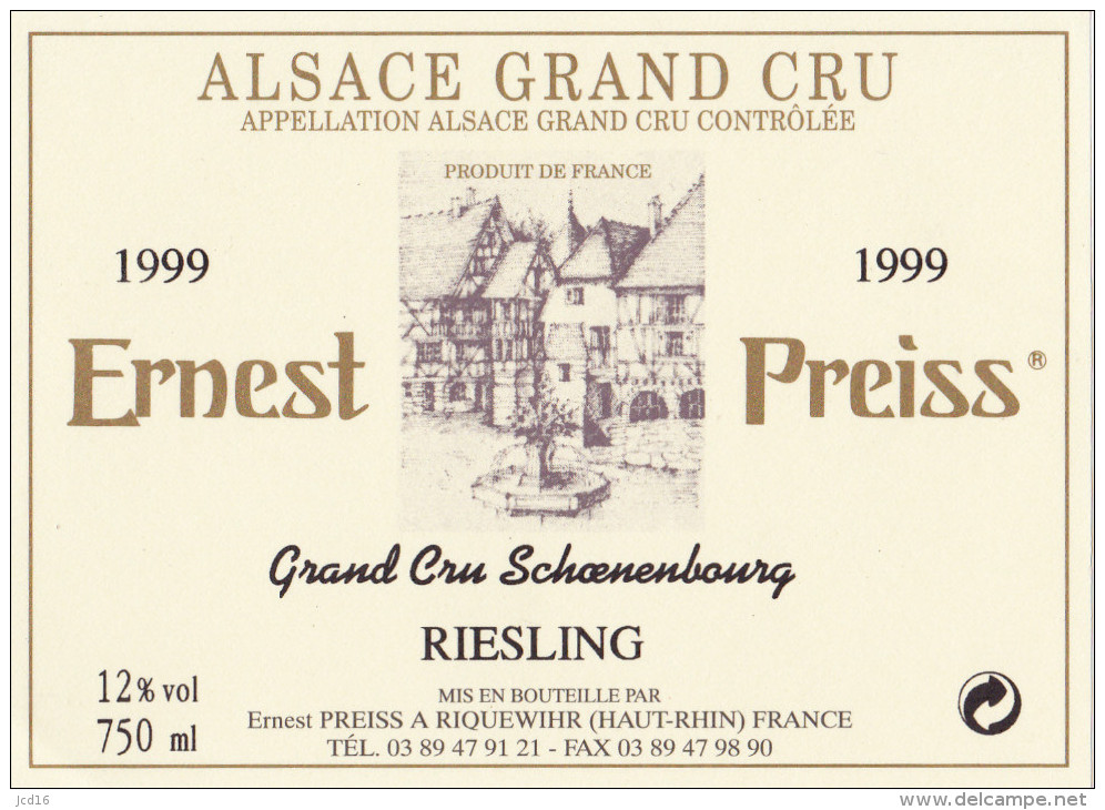 ETIQUETTE NEUVE VIN ALSACE Grand Cru SCHOENENBOURG 1999 PREISS à Riquewhir - Riesling