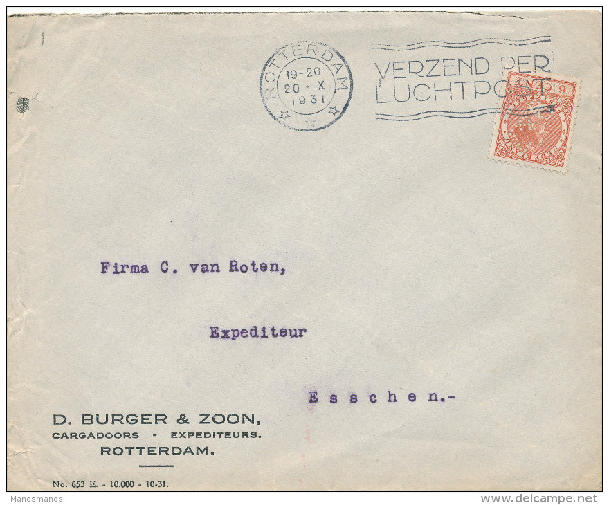 637/22 - NEDERLAND - Lettre TP 6 Cents PERFORE D.B.§ Z. ROTTERDAM 1931 - Entete D. Burger § Zoon - Lettres & Documents