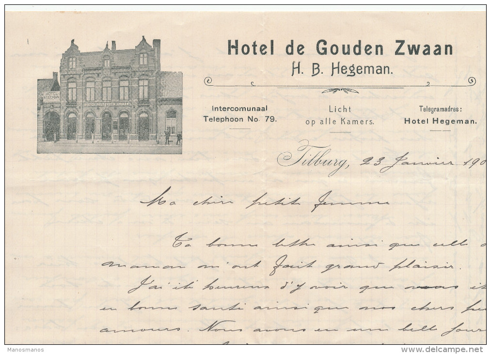 643/23 - NEDERLAND - Lettre Illustrée Avec Son Contenu - Hotel De Gouden Zwaan à TILBURG 1906 - Lettres & Documents