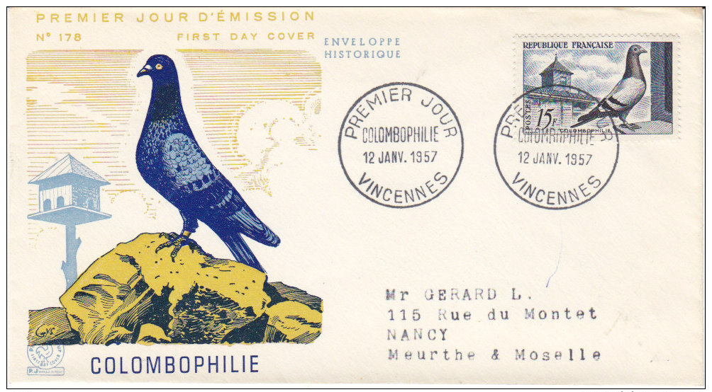 Colombophilie , Pigeon Et Pigeonnier , FDC De 1957 - Columbiformes