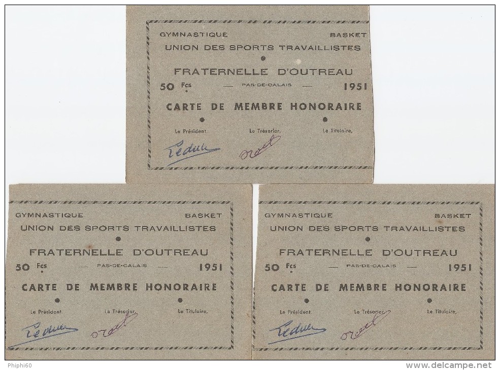 OUTREAU  -  62  -   3 Cartes De Membre Honoraire De 1951 -  Union Des Sports Travaillistes - Ginnastica