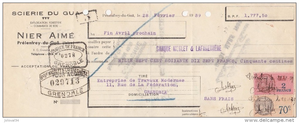 Lettre Change 28/2/1939 NIER Aimé Scierie Du Gua PRELENFREY Du GUÂ Isère Pour Grenoble - Cambiali