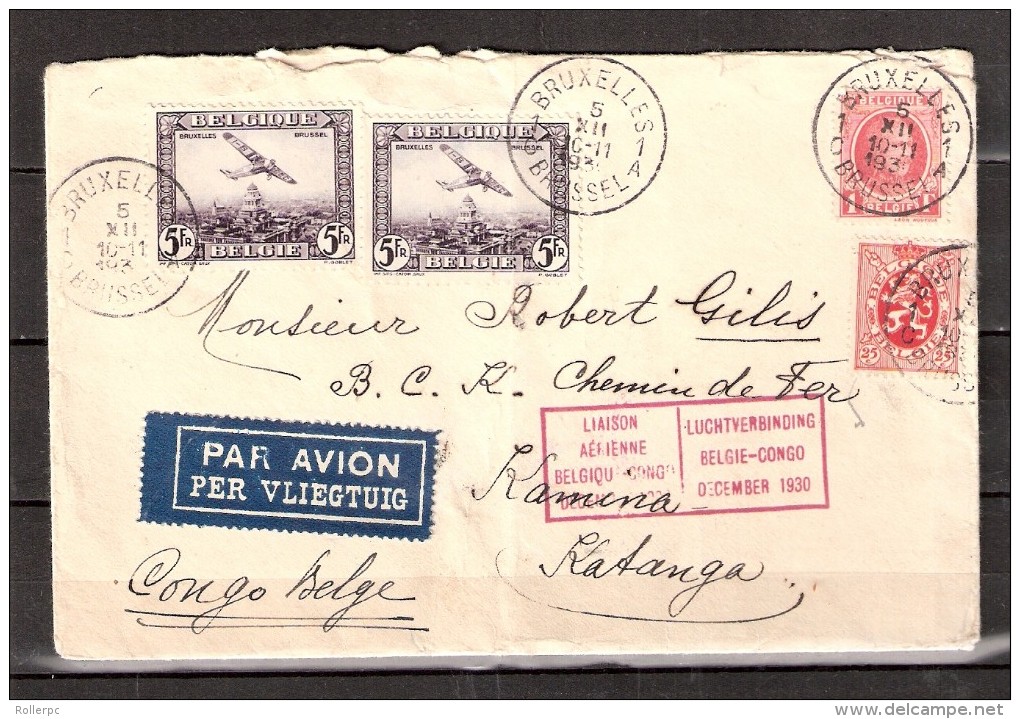 100330 Sc C5,187,205 LIAISON AERIENNE BELGIQUE-CONGO DECEMBRE 1930 CDS 1C BRUXELLES1[ ]//BRUSSEL>KAMINA VIA LEOPOLDVILLE - Other & Unclassified