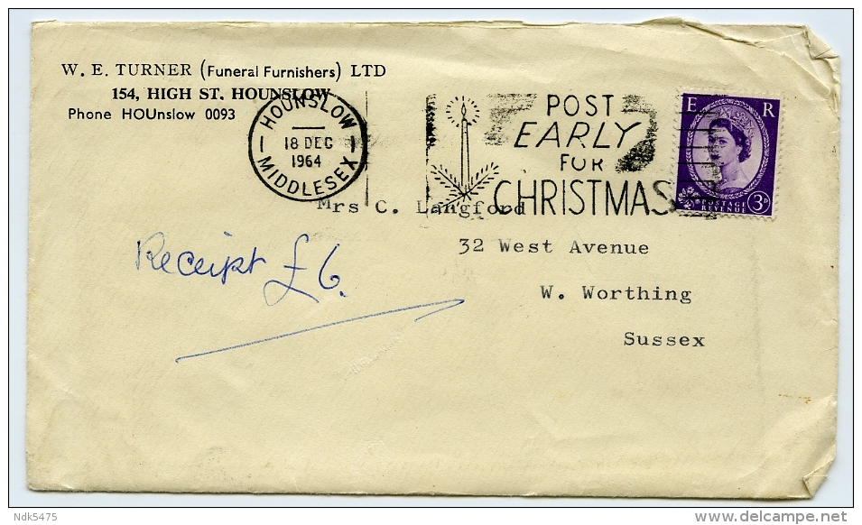 LONDON  : HOUNSLOW - TURNER, FUNERAL FURNISHERS (LETTERS / ENVELOPE) / POSTMARK - CHRISTMAS SLOGAN - Ver. Königreich