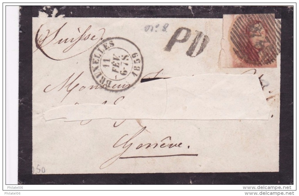 BELGIQUE  1859 ENVELOPPE  ADRESSE DECOUPEE  TIMBRE BORD DE FEUILLE - 1849-1865 Medallions (Other)