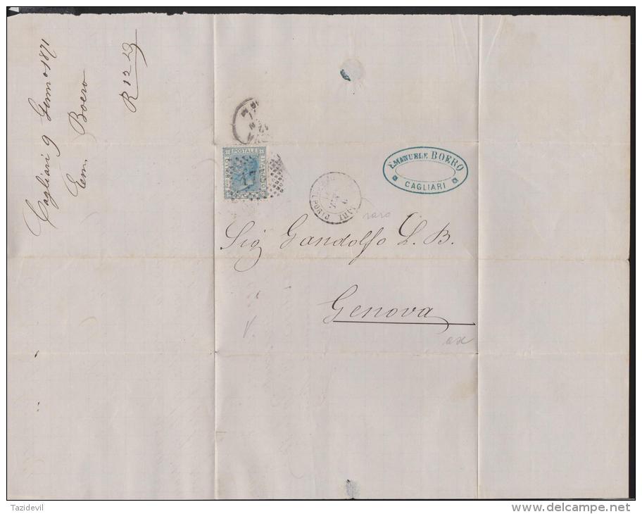 ITALY - 1871 Cover To Genova. Scott #35. Cagliari Oval Postmark In Blue - Non Classés