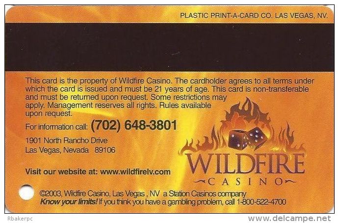 Wildfire Casino Las Vegas - @2003 Slot Card  (Blank) - Cartes De Casino