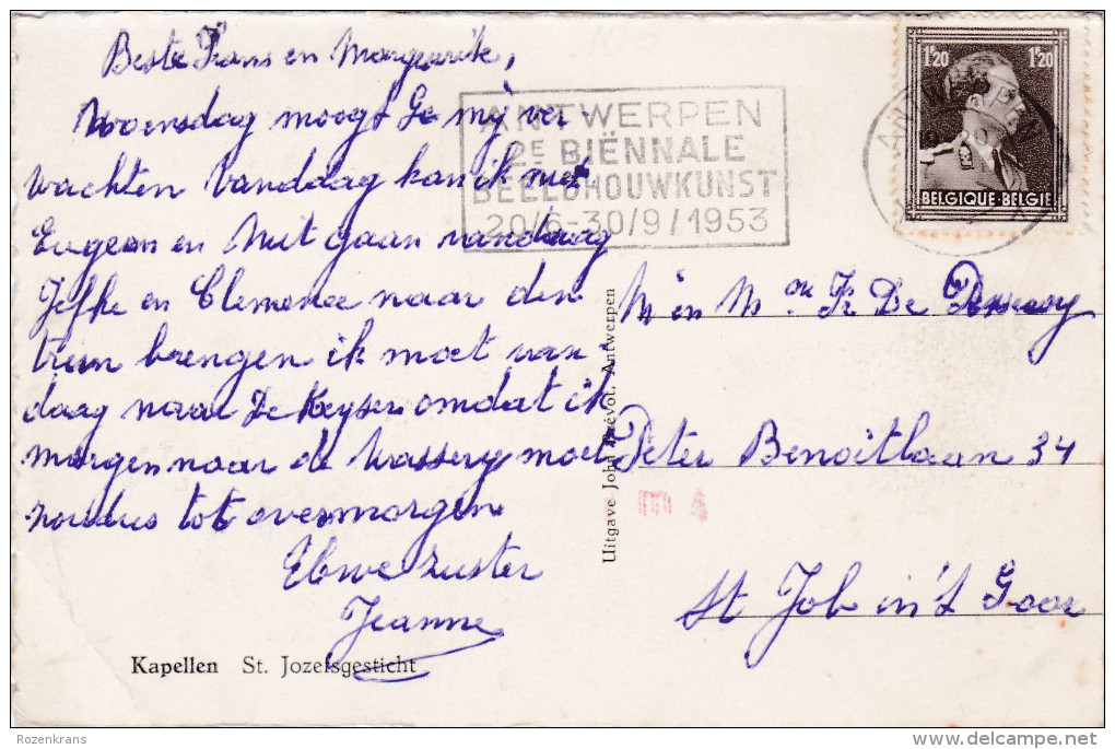 Kapellen St. Jozefsgesticht Speciale Stempel Zegel Postzegel Antwerpen Biennale Beeldhouwkunst 1953 - Kapellen