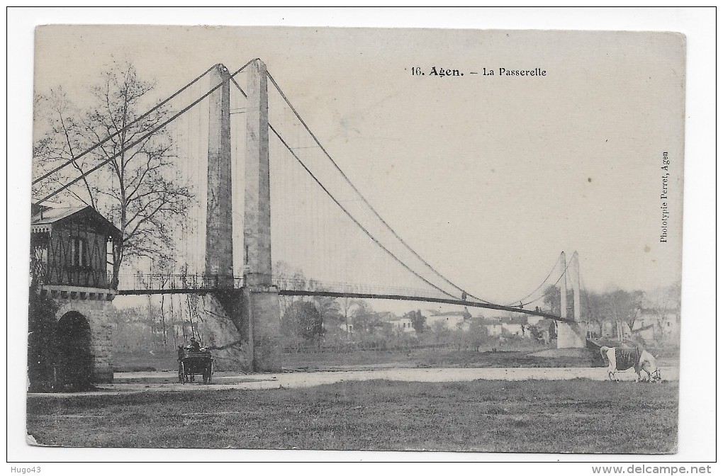 (RECTO/VERSO) AGEN - N° 16 - LA PASSERELLE AVEC ATTELAGE ET CHEVAL - PLI VERTICAL - CPA - Agen