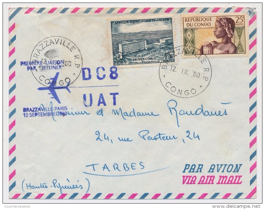 CONGO - Première Liaison Par Jetliner DC 8 BRAZZAVILLE PARIS - 12 Sept 1960 - Affranchissement Mixte AOF/République - Other & Unclassified