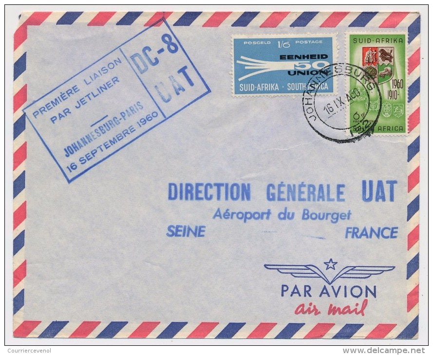 AFRIQUE DU SUD - Première Liaison Par Jetliner DC 8 UAT - JOHANNESBURG PARIS - 16 Septembre 1960 - Poste Aérienne