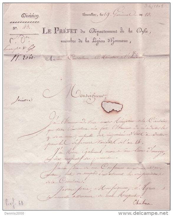 An 13- 1805- Lettre De 94 / BRUXELLES  32 Mm Rouge + " Préfet / Dépt De La Dyle - 1792-1815: Conquered Departments