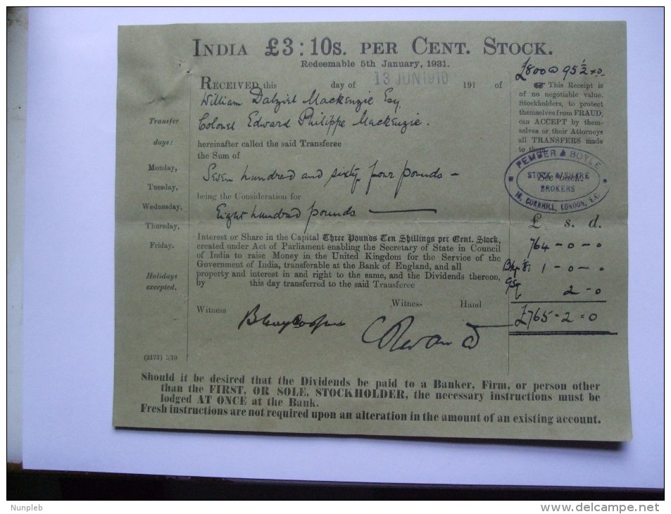 INDIA STOCK RECEIPT 1910 - Other & Unclassified