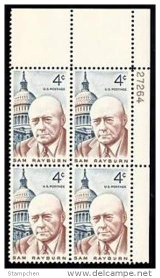 Plate Block -1962 USA Sam Rayburn Stamp Sc#1202 Famous White House - Números De Placas