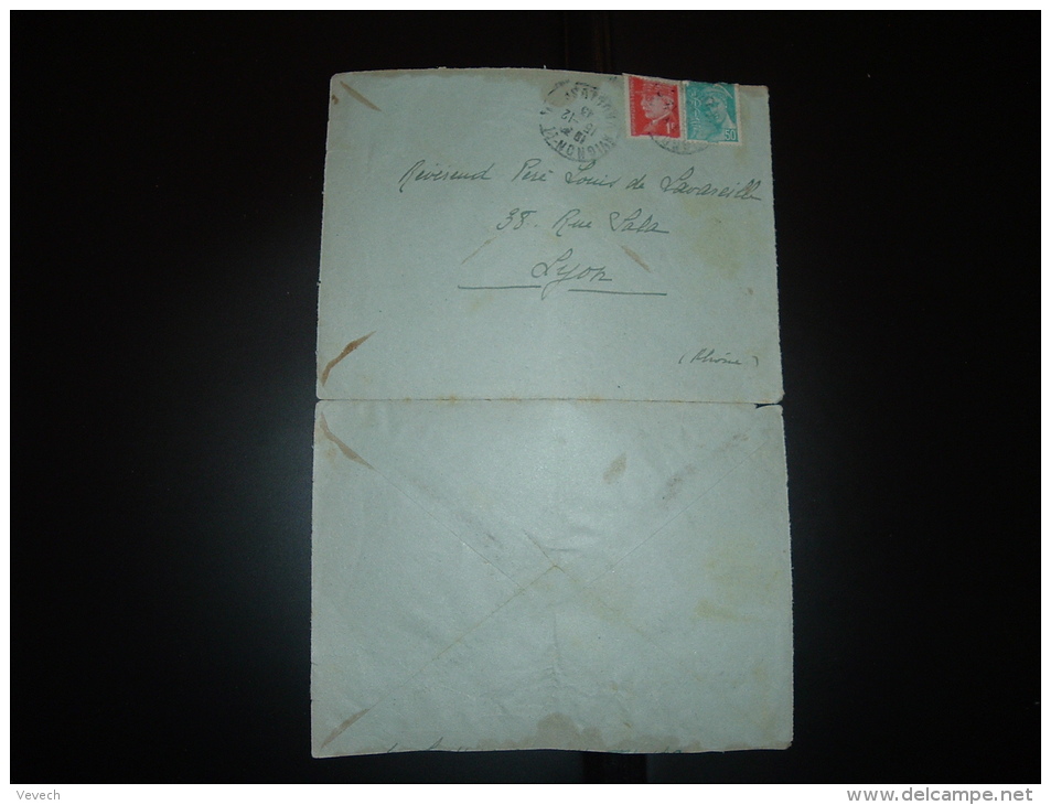 LETTRE TP PETAIN 1F50 OBL.MEC.20-1-44 LYON RP RHONE (69) Retournée TP PETAIN 1F + MERCURE 50c OBL.15-12-43 AVIGNON (84) - Guerre De 1939-45