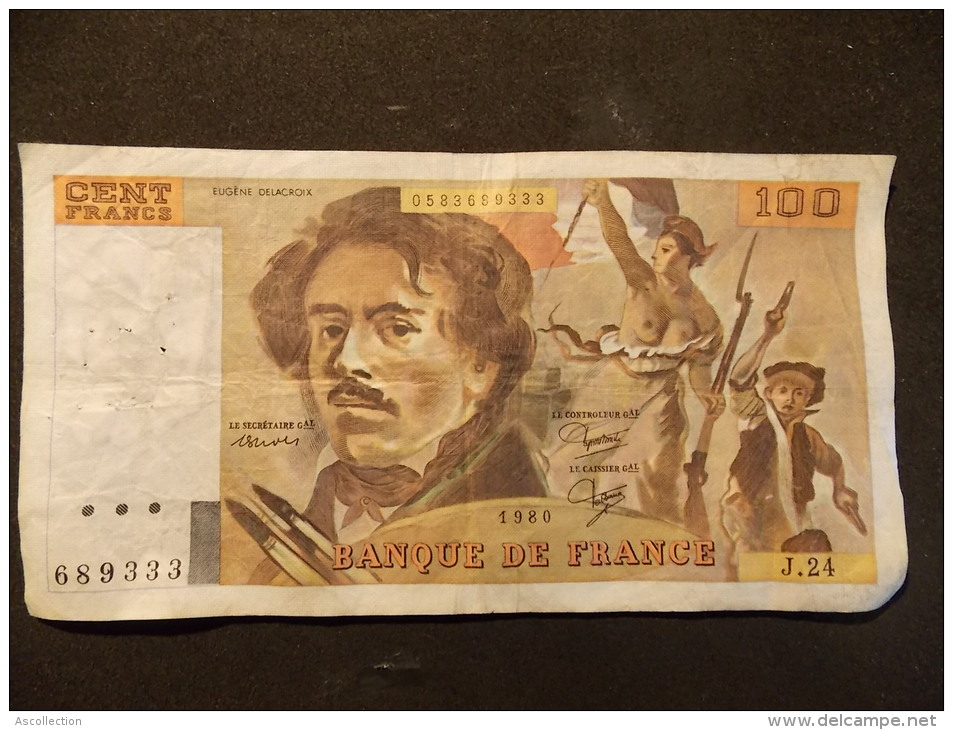 Billet 100 Francs 0583689333 J 24 1980  Delacroix Bien Craquant  P.A. Strohl  J.J. Tronche B. Dentaud - 100 F 1978-1995 ''Delacroix''