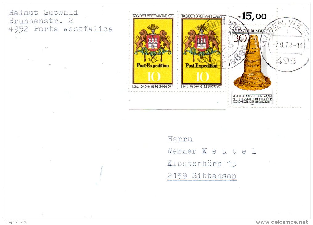 ALLEMAGNE.  N°790 De 1977 Sur Enveloppe Ayant Circulé. Cône D'or De L'âge De Bronze. - Archéologie