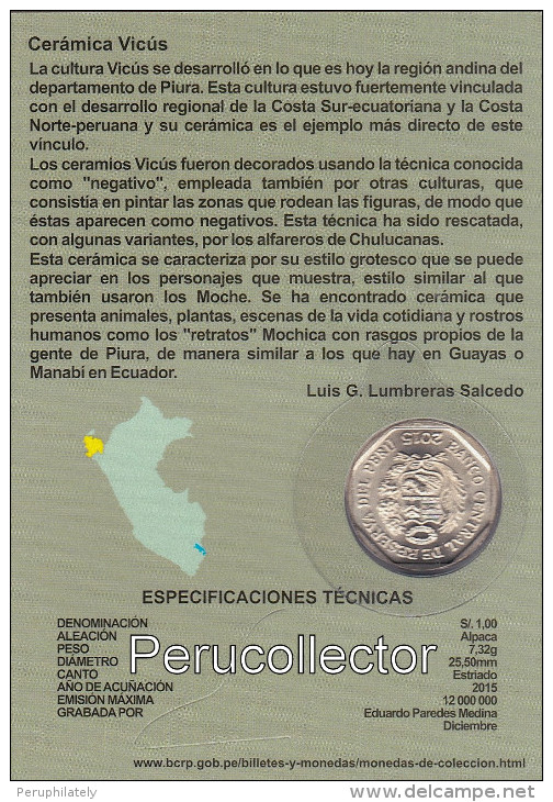 PERU 2015 , CERAMICA VICUS , 1 NUEVO SOL , COIN ON CARD , MINT - Peru