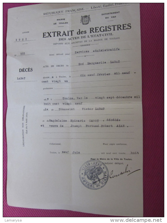 1938 ACTE DE MARIAGE EXTRAIT REGISTRE ETAT CIVIL 1856  CAD MAIRIE DE TOULON - Historical Documents