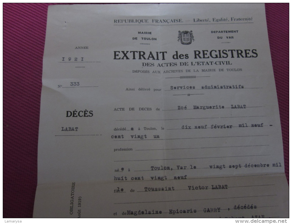 1938 ACTE DE MARIAGE EXTRAIT REGISTRE ETAT CIVIL 1856  CAD MAIRIE DE TOULON - Historical Documents