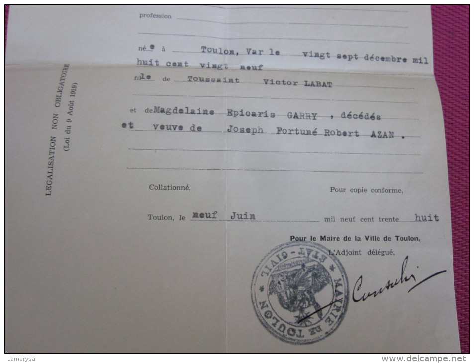 1938 ACTE DE MARIAGE EXTRAIT REGISTRE ETAT CIVIL 1856  CAD MAIRIE DE TOULON - Historical Documents