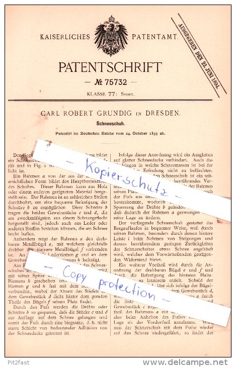 Original Patent  -  Carl Robert Grundig In Dresden , 1893 , Schneeschuh , Schnee , Ski !!! - Sports D'hiver