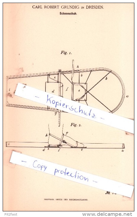 Original Patent  -  Carl Robert Grundig In Dresden , 1893 , Schneeschuh , Schnee , Ski !!! - Sports D'hiver