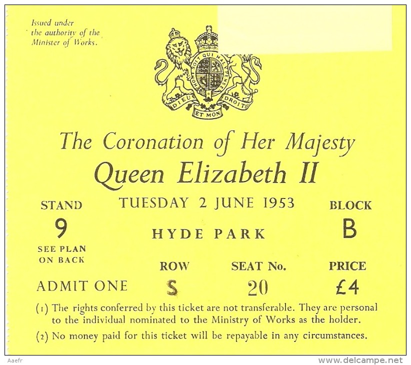 Coronation Of Elizabeth II - Ticket And Access To Stand - 02/06/1953 - Documents Historiques