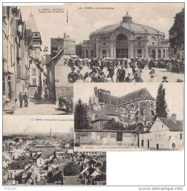 Lot De 4 CPA Troyes : Cirque Municipal, Rue Urbain, Chevet Cathedrale, Panorama - Troyes