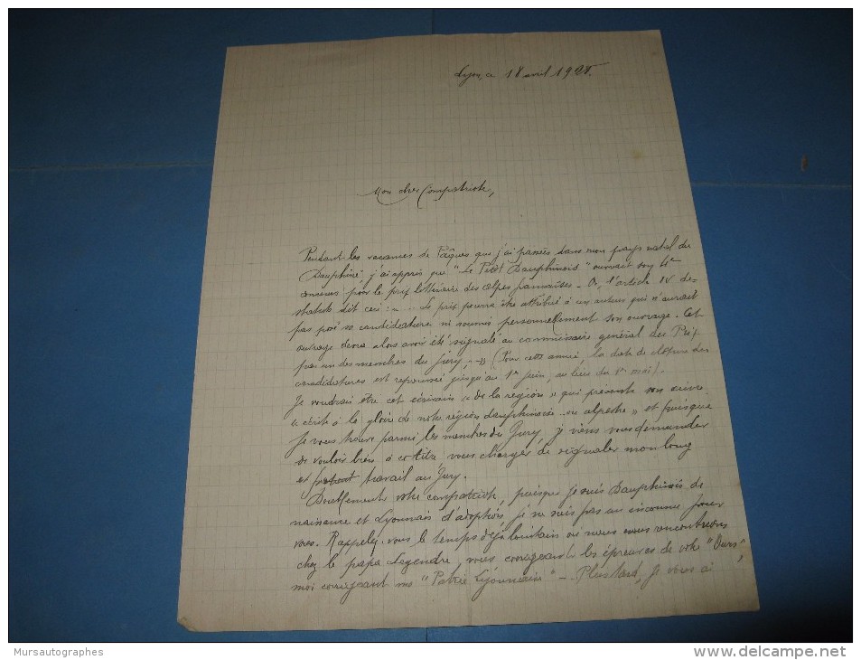 LETTRE AUTOGRAPHE SIGNEE D'ANTOINE BATON 1928 ECRIVAIN REGIONALISTE LYON DAUPHINE PRIX DES ALPES FRANCAISES  à BERAUD - Autres & Non Classés