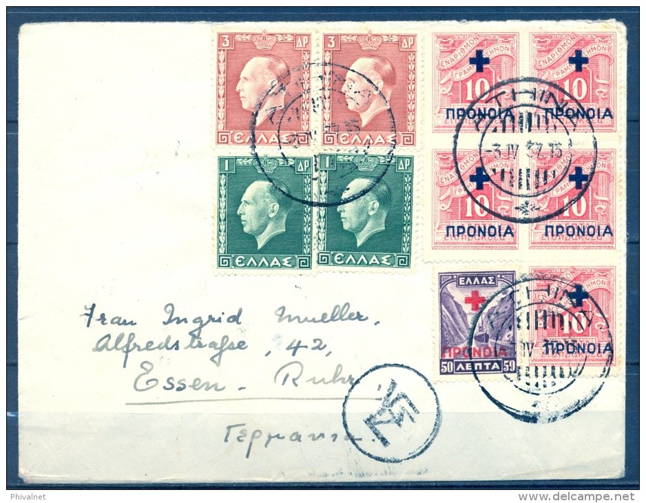 1937 , GRECIA , SOBRE CIRCULADO ENTRE ATENAS Y ESSEN , MARCA DE CONTROL POSTAL GRIEGA. - Brieven En Documenten