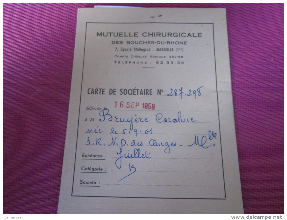 1958 MUTUELLE CHIRURGICALE DES BDR  CARTE DE SOCIETAIRE /CARTE CENTRE MEDICAL 1980 - Historical Documents