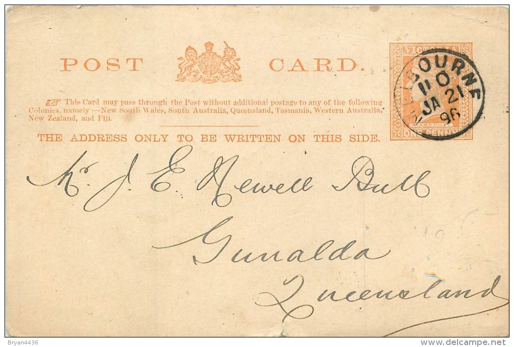 AUSTRALIE - VICTORIA -  CARTE POSTALE  - ENTIER POSTAL ONE PENNY ORANGE - VOYAGEE 1896 - De MELBOURNE AU QUEENSLAND - Covers & Documents