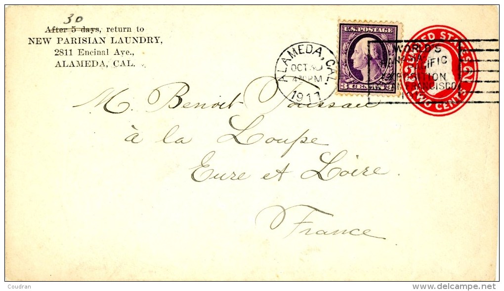 Etats-Unis 1911 Entier à 2 Cents, Affranchissement Complémentaire à 3 Cents (n° 169) De Alameda (cal.) Pour La France - Covers & Documents