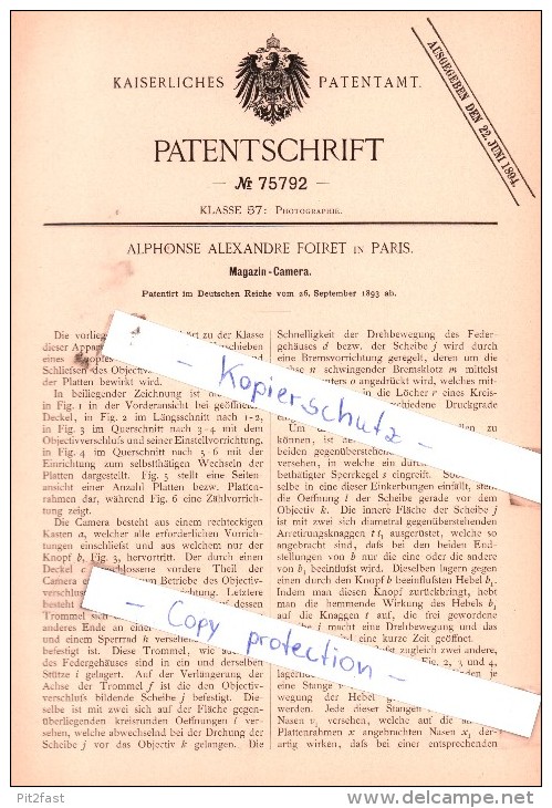 Original Patent  - Alphonse Alexandre Foiret In Paris , 1893 , Magazin-Camera , Photographie , Fotoapparat !!! - Fototoestellen