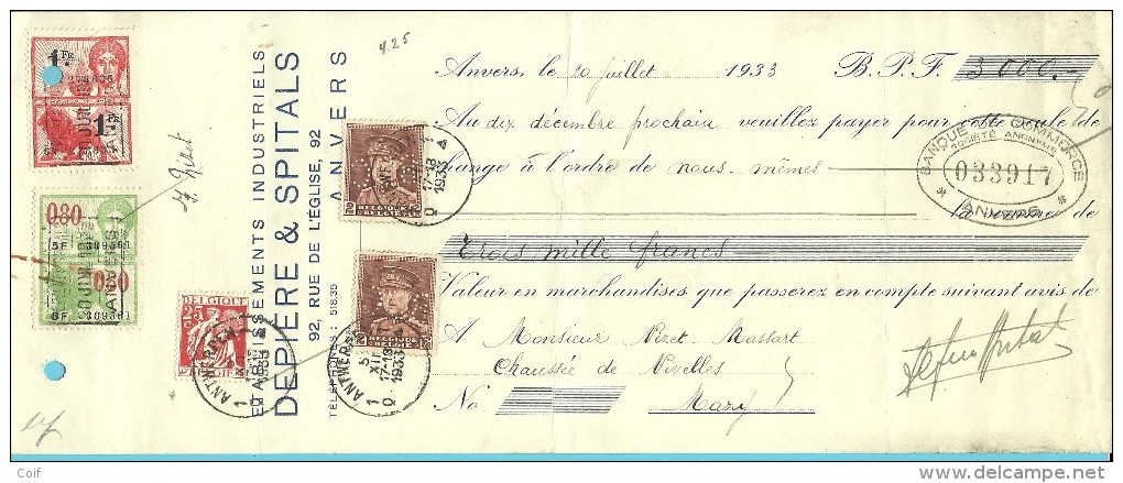 321+339 Op "change à L'ordre" Met Stempel ANTWERPEN Met Firmaperforatie (perfin) "BDC" - 1934-51