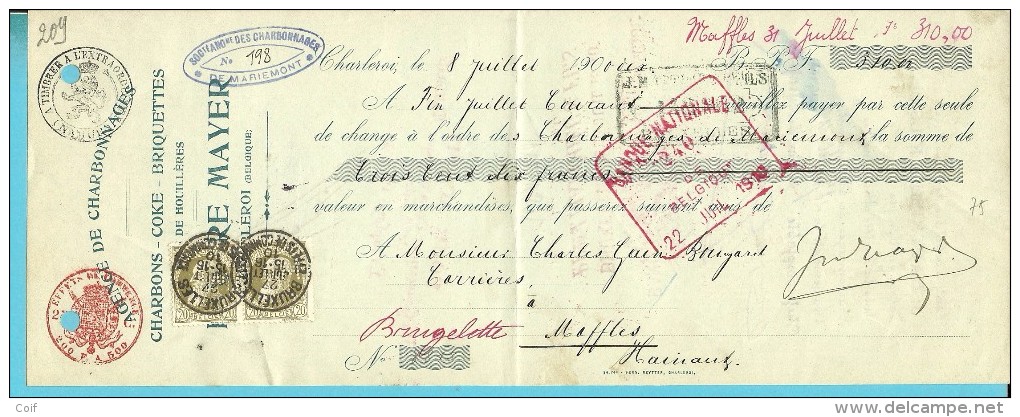 75 Op "change à L'ordre" Met Stempel BRUXELLES Met Firmaperforatie (perfin) "J.M.F." Van J. MATTHIEU Et FILS / BRUXELLES - 1909-34