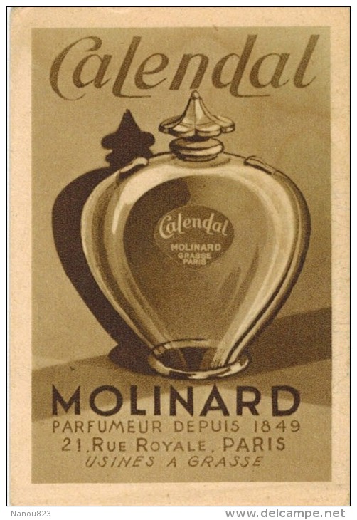 CARTE PARFUMEE CALENDAL Avec Verso Tarifs Parfums Eau De Cologne : MOLINARD Grasse Paris V° Flacon Lalique Parfumeur - Profumeria Antica (fino Al 1960)