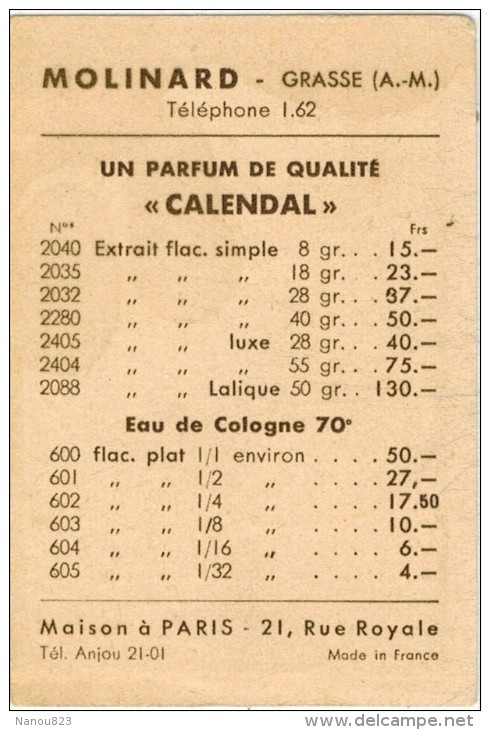 CARTE PARFUMEE CALENDAL Avec Verso Tarifs Parfums Eau De Cologne : MOLINARD Grasse Paris V° Flacon Lalique Parfumeur - Anciennes (jusque 1960)